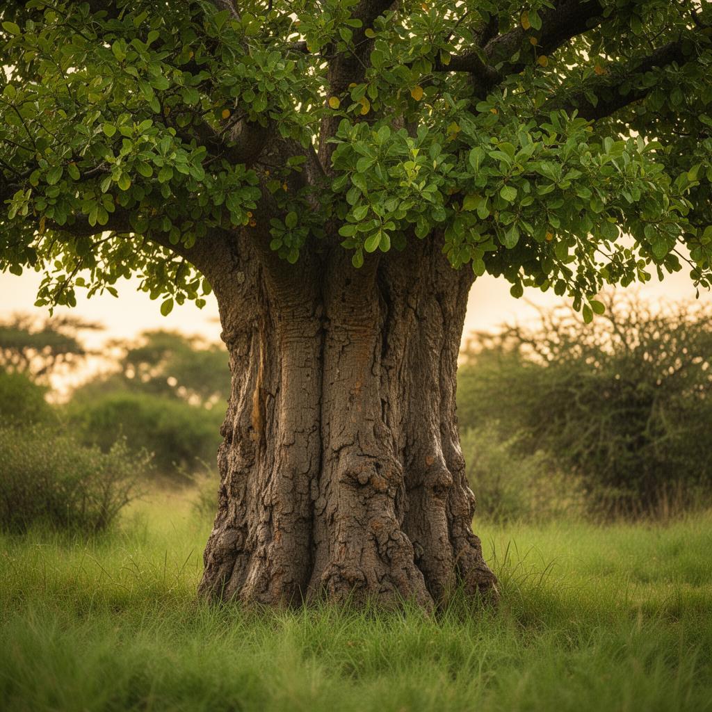 A majestic African baobab tree in the savanna at golden hour